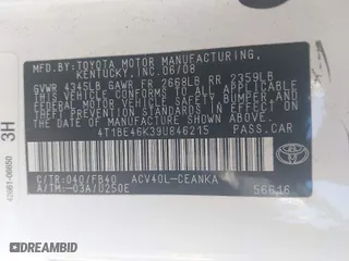 2009 Toyota Camry with VIN 4T1BE46K39U846215, listed as a IAAI auction lot 41856734 with 280,279 mi miles. Bid and sale history available at carsss.com. Image 9.