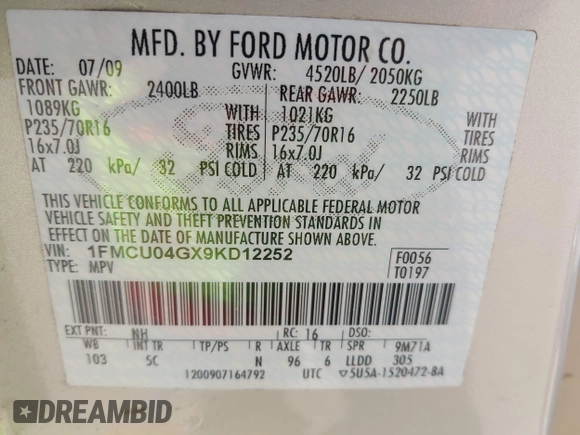 2009 Ford Escape Limited with VIN 1FMCU04GX9KD12252, listed as a IAAI auction lot 42121277 with 189,949 mi miles and . Bid and sale history available at DreamBid. Image 9.