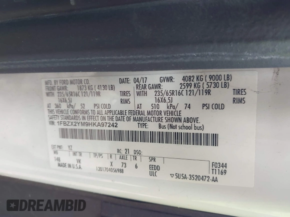 2017 Ford Transit XL with VIN 1FBZX2YM9HKA97242, listed as a IAAI auction lot 41821833 with 204,517 mi miles and . Bid and sale history available at DreamBid. Image 9.