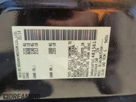 2014 Nissan Maxima SV with VIN 1N4AA5AP1EC481561, listed as a Copart auction lot 59774045 with 143,986 mi miles and Salvage title. Bid and sale history available at DreamBid. Image 13.