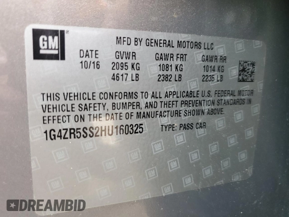 2017 Buick LaCrosse Premium with VIN 1G4ZR5SS2HU160325, listed as a Copart auction lot 57758315 with 58,733 mi miles and Salvage title. Bid and sale history available at DreamBid. Image 12.