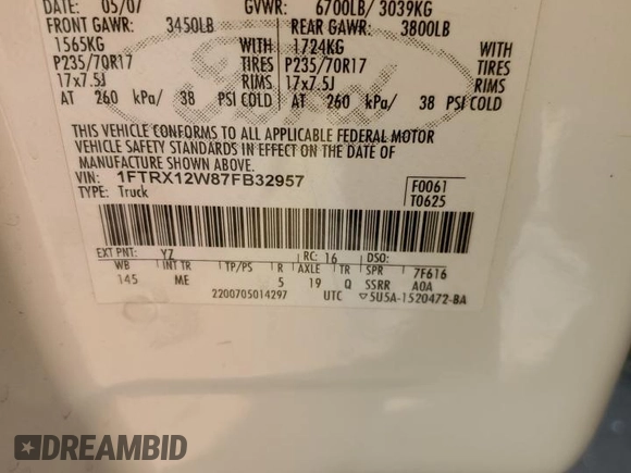 2007 Ford F-150 STX with VIN 1FTRX12W87FB32957, listed as a Copart auction lot 41818135 with 180,590 mi miles and Salvage Title. Bid and sale history available at DreamBid. Image 12.