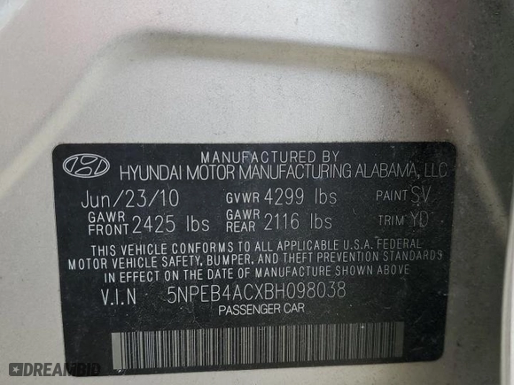 2011 Hyundai Sonata GLS PZEV with VIN 5NPEB4ACXBH098038, listed as a Copart auction lot 46696225 with 0 mi miles and Salvage Title. Bid and sale history available at carsss.com. Image 13.