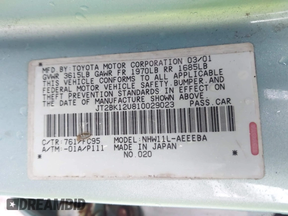 2001 Toyota Prius with VIN JT2BK12U810029023, listed as a IAAI auction lot 42184214 with 147,849 mi miles and . Bid and sale history available at DreamBid. Image 9.
