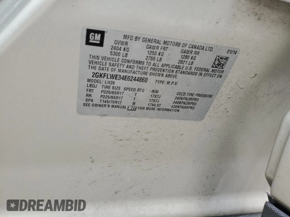 2014 GMC Terrain SLE with VIN 2GKFLWE34E6244860, listed as a Copart auction lot 50755245 with 135,227 mi miles and Salvage title. Bid and sale history available at DreamBid. Image 13.