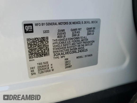 2024 GMC Terrain SLT with VIN 3GKALVEG3RL243515, listed as a Copart auction lot 60231975 with 4,616 mi miles and Salvage title. Bid and sale history available at DreamBid. Image 12.
