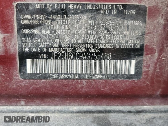 2010 Subaru Forester X Premium with VIN JF2SH6CC9AG755488, listed as a Copart auction lot 56056195 with 195,312 mi miles and Clean title. Bid and sale history available at DreamBid. Image 13.