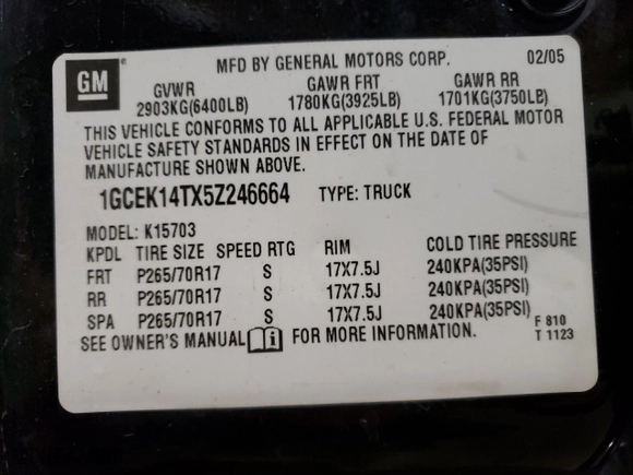 2005 Chevrolet Silverado 1500 Z71 with VIN 1GCEK14TX5Z246664, listed as a Copart auction lot 53749334 with 126,671 mi miles and Salvage Title. Bid and sale history available at carsss.com. Image 12.