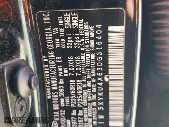 2013 Kia Sorento EX with VIN 5XYKU4A63DG316404, listed as a Copart auction lot 57867625 with 167,766 mi miles and Salvage title. Bid and sale history available at DreamBid. Image 13.