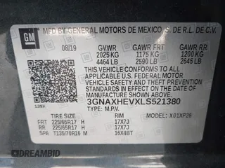 2020 Chevrolet Equinox LS with VIN 3GNAXHEVXLS521380, listed as a IAAI auction lot 40830916 with 72,350 mi miles. Bid and sale history available at carsss.com. Image 9.