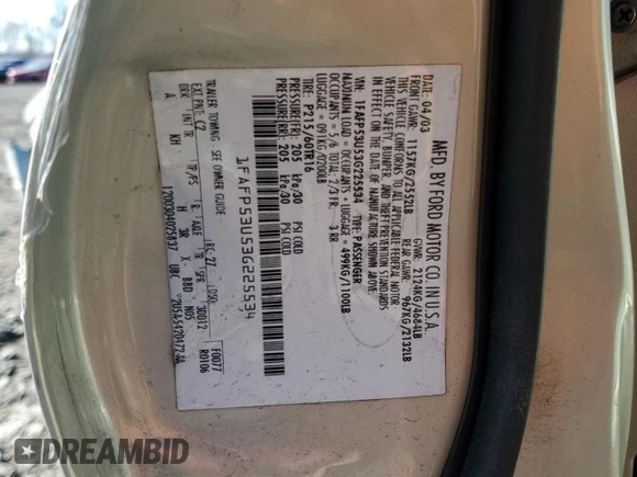 2003 Ford Taurus SE Standard with VIN 1FAFP53U53G225534, listed as a Copart auction lot 50206975 with 216,667 mi miles and Salvage Title. Bid and sale history available at DreamBid. Image 14.