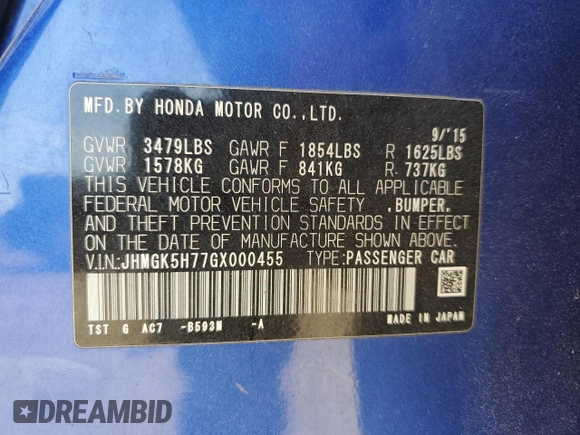 2016 Honda Fit EX z VIN JHMGK5H77GX000455, wystawiony jako Copart lot #55510495 z przebiegiem 51 261 mil mil oraz Szkoda całkowita • Salvage title. Historia ofert i sprzedaży dostępna na DreamBid. Obrazek 13.