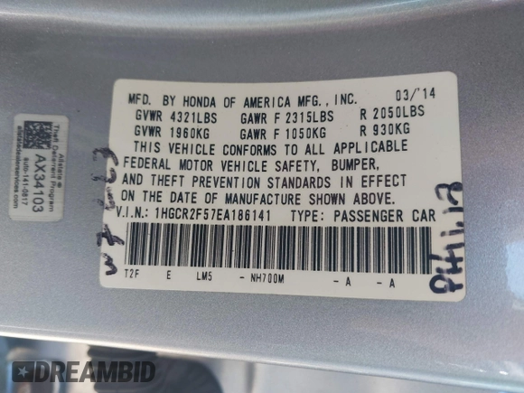 2014 Honda Accord Sport with VIN 1HGCR2F57EA186141, listed as a IAAI auction lot 41990049 with 95,805 mi miles and . Bid and sale history available at carsss.com. Image 9.