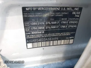 2003 Mercedes-Benz M-Class 3.2L with VIN 4JGAB54E03A383496, listed as a IAAI auction lot 41327756 with 162,973 mi miles. Bid and sale history available at carsss.com. Image 9.