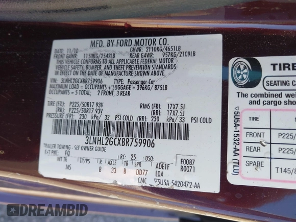 2011 Lincoln MKZ with VIN 3LNHL2GCXBR759906, listed as a IAAI auction lot 42133137 with 161,343 mi miles and . Bid and sale history available at DreamBid. Image 9.