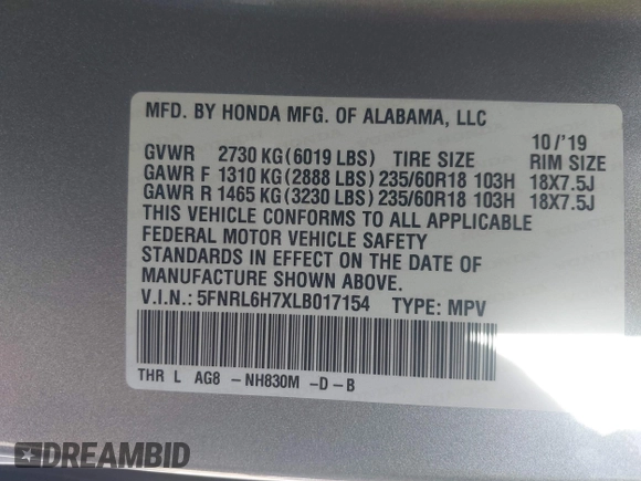 2020 Honda Odyssey EX-L with VIN 5FNRL6H7XLB017154, listed as a IAAI auction lot 41698872 with 54,626 mi miles. Bid and sale history available at carsss.com. Image 9.