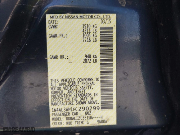 2015 Nissan Altima 2.5 S with VIN 1N4AL3AP1FC290299, listed as a IAAI auction lot 42049687 with 125,864 mi miles. Bid and sale history available at carsss.com. Image 9.