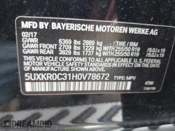 2017 BMW X5 xDrive35i with VIN 5UXKR0C31H0V78672, listed as a IAAI auction lot 42084958 with 95,782 mi miles and . Bid and sale history available at DreamBid. Image 9.