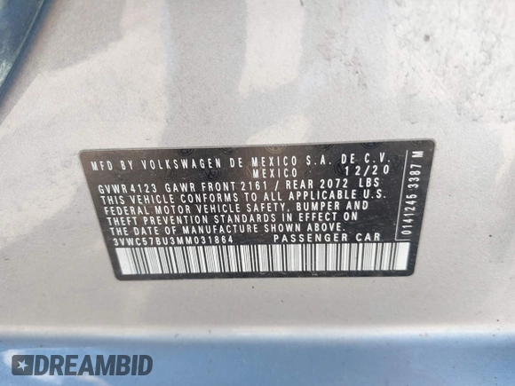 2021 Volkswagen Jetta S with VIN 3VWC57BU3MM031864, listed as a IAAI auction lot 42340036 with 59,193 mi miles and . Bid and sale history available at DreamBid. Image 9.