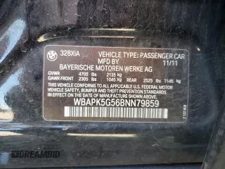 2011 BMW 3 Series 328i xDrive with VIN WBAPK5G56BNN79859, listed as a Copart auction lot 62230175 with 102,895 mi miles and Salvage title. Bid and sale history available at DreamBid. Image 12.