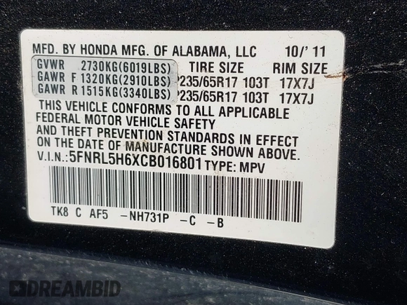 2012 Honda Odyssey EX-L with VIN 5FNRL5H6XCB016801, listed as a IAAI auction lot 42112141 with 164,671 mi miles and . Bid and sale history available at carsss.com. Image 9.