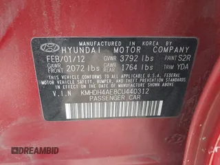 2012 Hyundai Elantra GLS with VIN KMHDH4AE8CU440312, listed as a IAAI auction lot 42726530 with 183,478 mi miles and . Bid and sale history available at DreamBid. Image 9.