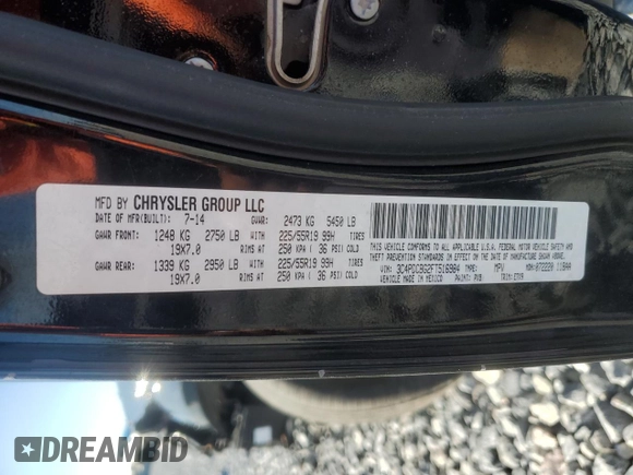 2015 Dodge Journey SXT with VIN 3C4PDCBG2FT516984, listed as a Copart auction lot 62260205 with 117,468 mi miles and Salvage title. Bid and sale history available at DreamBid. Image 13.