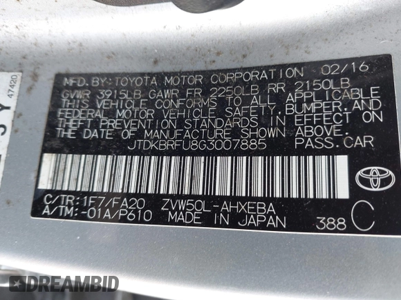 2016 Toyota Prius Two z VIN JTDKBRFU8G3007885, wystawiony jako IAAI lot #41980383 z przebiegiem 162 740 mil mil oraz . Historia ofert i sprzedaży dostępna na DreamBid. Obrazek 9.