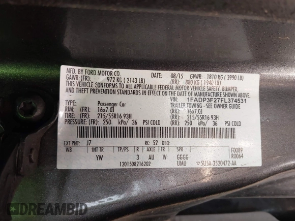 2015 Ford Focus SE with VIN 1FADP3F27FL374531, listed as a IAAI auction lot 42123579 with 128,884 mi miles and . Bid and sale history available at DreamBid. Image 9.