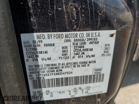 1999 Ford F-250 XL with VIN 1FTNX21F5XED47224, listed as a Copart auction lot 65229005 with 237,759 mi miles and Clean title. Bid and sale history available at DreamBid. Image 12.