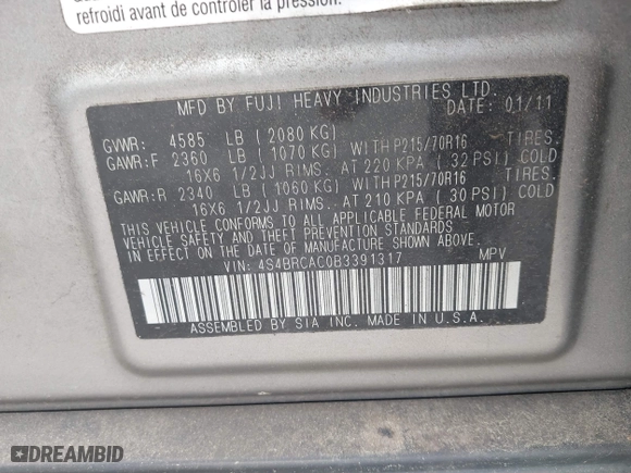 2011 Subaru Outback 2.5i with VIN 4S4BRCAC0B3391317, listed as a IAAI auction lot 42049492 with 130,267 mi miles. Bid and sale history available at carsss.com. Image 9.