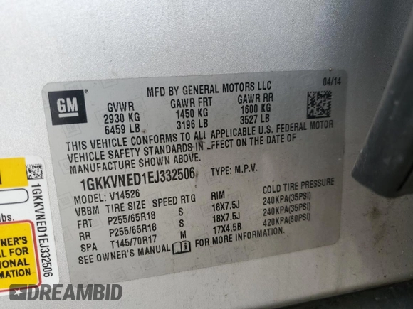 2014 GMC Acadia SLE with VIN 1GKKVNED1EJ332506, listed as a Copart auction lot 53247095 with 106,261 mi miles and Salvage title. Bid and sale history available at DreamBid. Image 16.