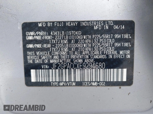 2014 Subaru Crosstrek Premium with VIN JF2GPACCXE9294680, listed as a IAAI auction lot 41580561 with 71,678 mi miles and . Bid and sale history available at DreamBid. Image 9.