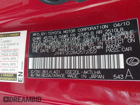 2010 Lexus IS 250 C with VIN JTHFF2C28A2512322, listed as a IAAI auction lot 42684261 with 59,939 mi miles and . Bid and sale history available at DreamBid. Image 9.
