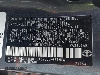 2012 Toyota Camry L with VIN 4T4BF1FK7CR171347, listed as a IAAI auction lot 41829249 with 221,350 mi miles. Bid and sale history available at carsss.com. Image 9.