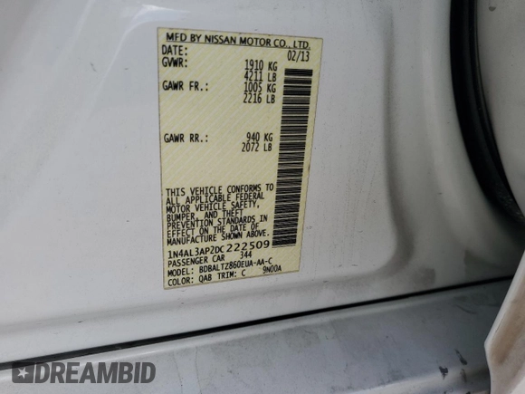 2013 Nissan Altima S with VIN 1N4AL3AP2DC222509, listed as a Copart auction lot 54795385 with 210,031 mi miles and Salvage Title. Bid and sale history available at DreamBid. Image 12.