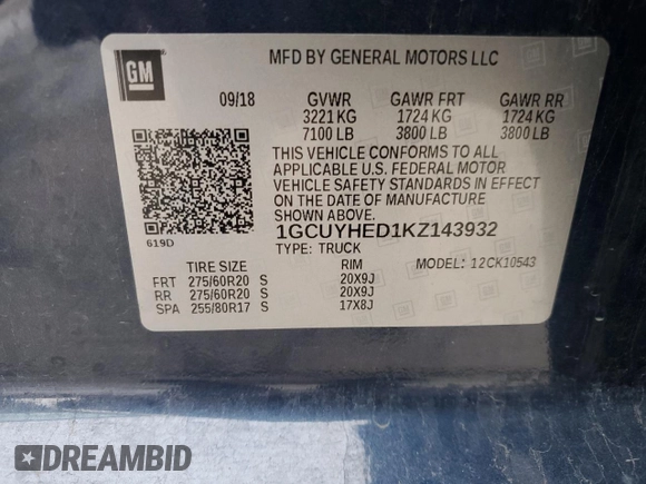 2019 Chevrolet Silverado 1500 High Country with VIN 1GCUYHED1KZ143932, listed as a Copart auction lot 46997635 with 70,075 mi miles and Salvage Title. Bid and sale history available at carsss.com. Image 12.