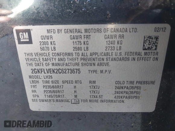2012 GMC Terrain SLT-1 with VIN 2GKFLVEK2C6273675, listed as a IAAI auction lot 41350158 with 204,082 mi miles. Bid and sale history available at carsss.com. Image 9.