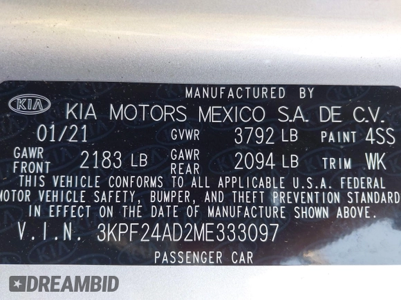 2021 Kia Forte LXS z VIN 3KPF24AD2ME333097, wystawiony jako IAAI lot #42171293 z przebiegiem 29 875 mil mil oraz . Historia ofert i sprzedaży dostępna na DreamBid. Obrazek 9.