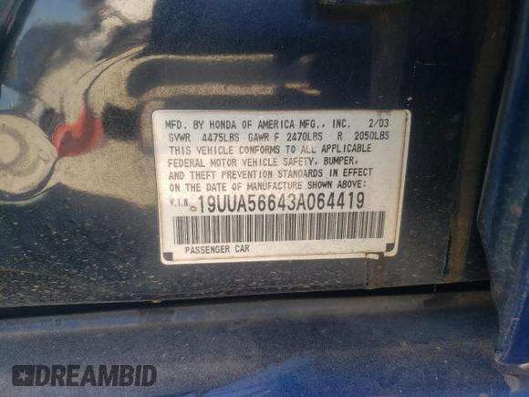2003 Acura TL with VIN 19UUA56643A064419, listed as a Copart auction lot 76987394 with 254,162 mi miles and Salvage Title. Bid and sale history available at carsss.com. Image 12.