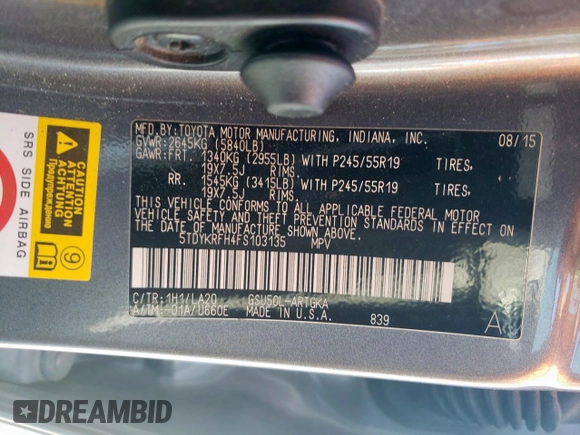 2015 Toyota Highlander Limited with VIN 5TDYKRFH4FS103135, listed as a Copart auction lot 63017515 with 172,663 mi miles and Clean title. Bid and sale history available at DreamBid. Image 13.