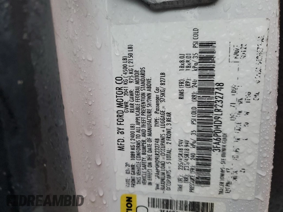 2020 Ford Fusion SE with VIN 3FA6P0HD9LR232748, listed as a Copart auction lot 47752315 with 86,128 mi miles and Salvage Title. Bid and sale history available at carsss.com. Image 13.