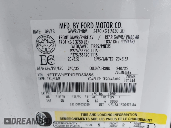 2013 Ford F-150 XL with VIN 1FTFW1ET1DFD50855, listed as a IAAI auction lot 41401837 with 196,003 mi miles. Bid and sale history available at carsss.com. Image 9.