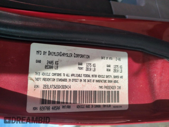 2006 Dodge Charger SRT-8 with VIN 2B3LA73W56H369414, listed as a Copart auction lot 49818765 with 117,563 mi miles and Salvage Title. Bid and sale history available at DreamBid. Image 12.