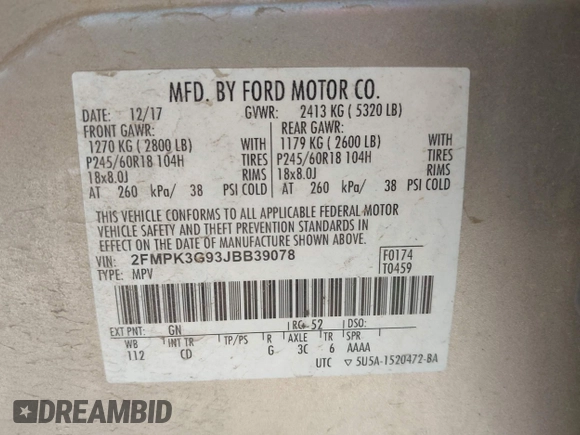 2018 Ford Edge SE with VIN 2FMPK3G93JBB39078, listed as a IAAI auction lot 42162556 with 135,810 mi miles and . Bid and sale history available at DreamBid. Image 9.