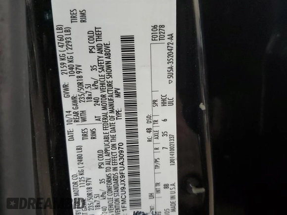 2015 Ford Escape Titanium with VIN 1FMCU9JX9FUA30970, listed as a Copart auction lot 41780275 with 106,114 mi miles and Salvage Title. Bid and sale history available at DreamBid. Image 13.