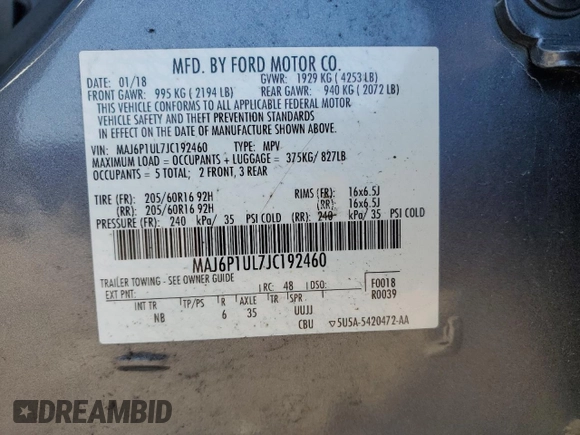 2018 Ford EcoSport SE z VIN MAJ6P1UL7JC192460, wystawiony jako Copart lot #56304555 z przebiegiem 51 878 mil mil oraz Szkoda całkowita • Salvage title. Historia ofert i sprzedaży dostępna na DreamBid. Obrazek 13.