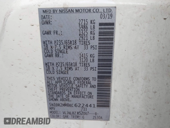 2019 Nissan Pathfinder SV with VIN 5N1DR2MM8KC622441, listed as a IAAI auction lot 41865931 with 80,013 mi miles. Bid and sale history available at carsss.com. Image 9.