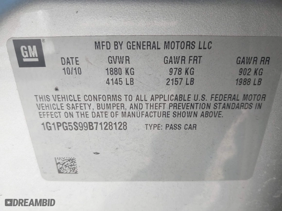 2011 Chevrolet Cruze LT w/2LT with VIN 1G1PG5S99B7128128, listed as a IAAI auction lot 41151880 with 195,832 mi miles. Bid and sale history available at carsss.com. Image 9.