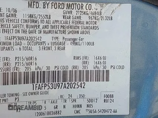 2007 Ford Taurus SE with VIN 1FAFP53U97A202542, listed as a IAAI auction lot 42362224 with Not provided miles and . Bid and sale history available at DreamBid. Image 9.